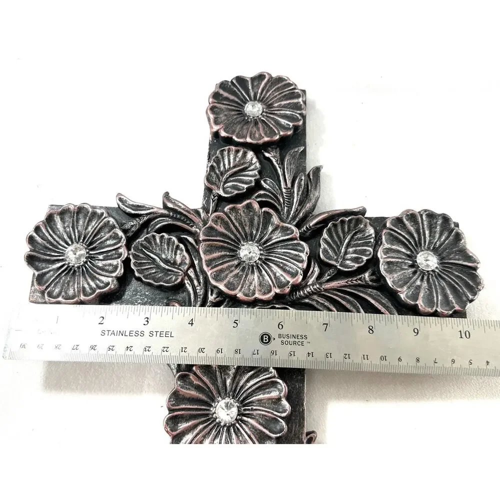 Decorative Floral Wall Cross Heavy Resin Pink Metallic Rhinestone Accents 10x14
